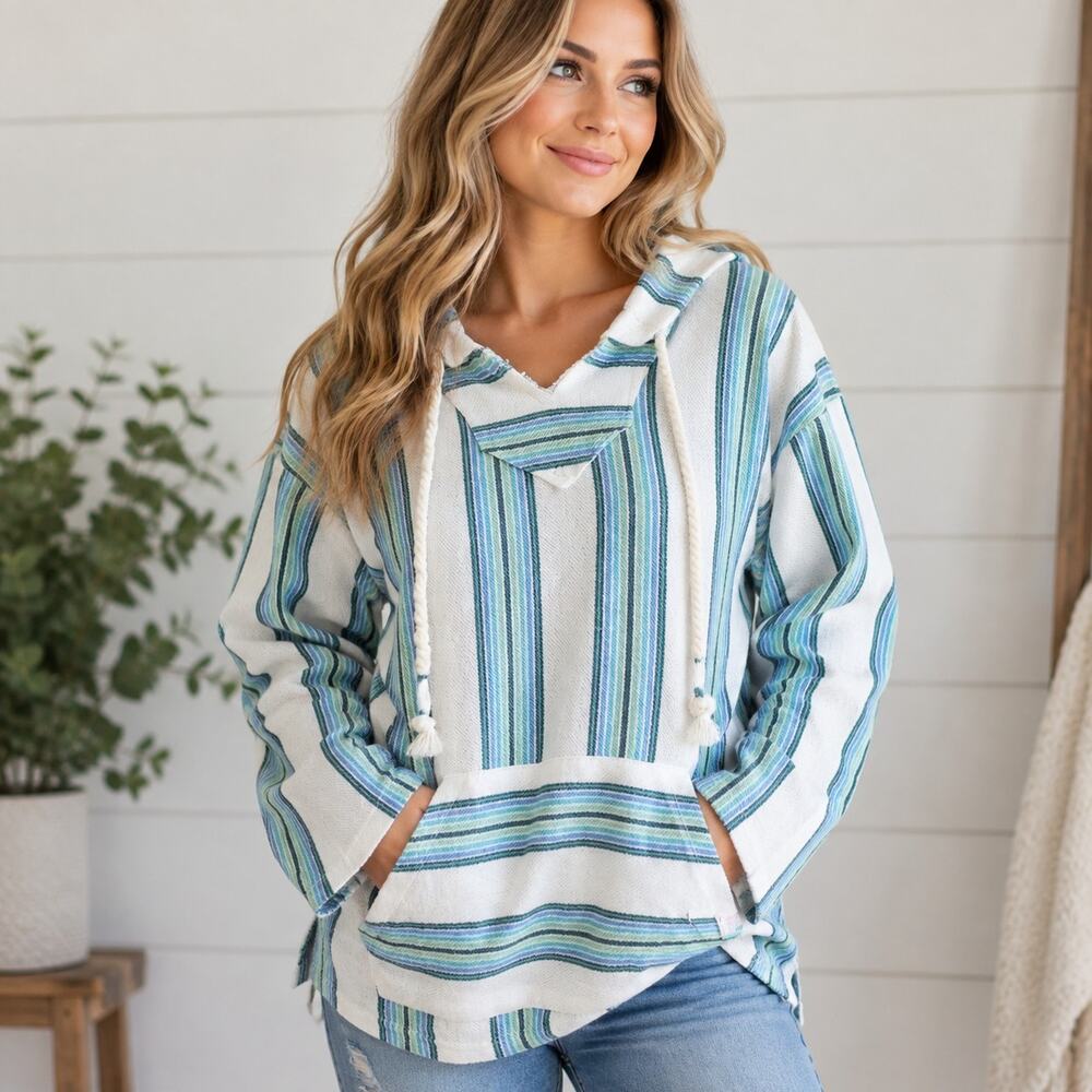 Bloom Pop Striped Baja Hoodie Women M Boho Beachy Pullover Kangaroo Pocket